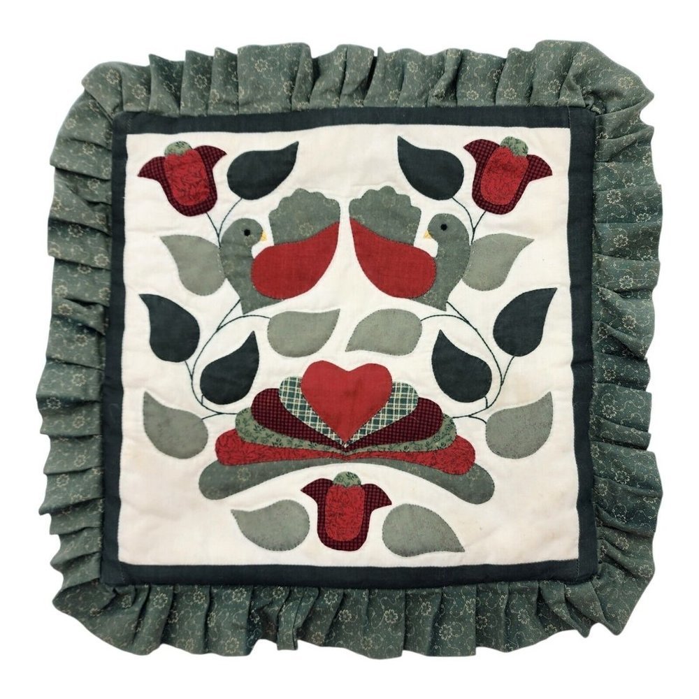 Vintage Applique Pillow Birds Floral Folk Art PA Dutch Heart Removable Cover 13"